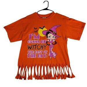 Betty Boop Witch Halloween Orange T Shirt Fringe Top Women's Large Y2k vintage
